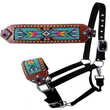 Showman Bronc Halter w/Bright Multi Color Beaded Navajo Design Noseband