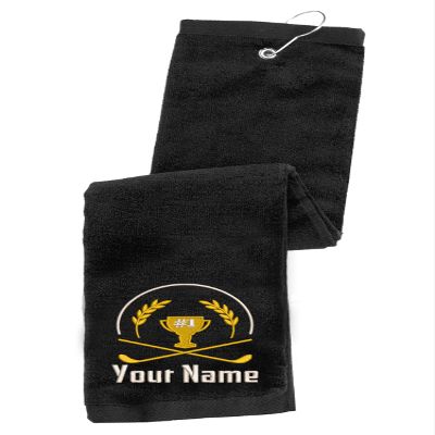 Printualist Personalized Golf Towel - Custom Embroidered Design & Name - Trophy Design - 16" x 26", Black, Absorbent Cotton Terry Velour Fabric