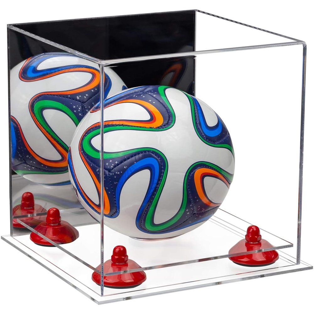 Better Display Cases Acrylic Mini - Miniature (not Full Size) Soccer Ball Display Case with Mirror Case, Red Risers and Clear Base (B03/A015)
