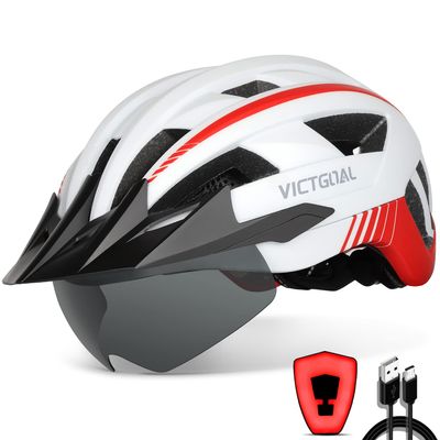 VICTGOAL Bike Helmet with USB Rechargeable Rear Light Detachable Magnetic Goggles Removable Sun Visor Mountain & Road Bicycle Helmets for Men Women Adult Cycling Helmets (L: 57-61 cm, White)