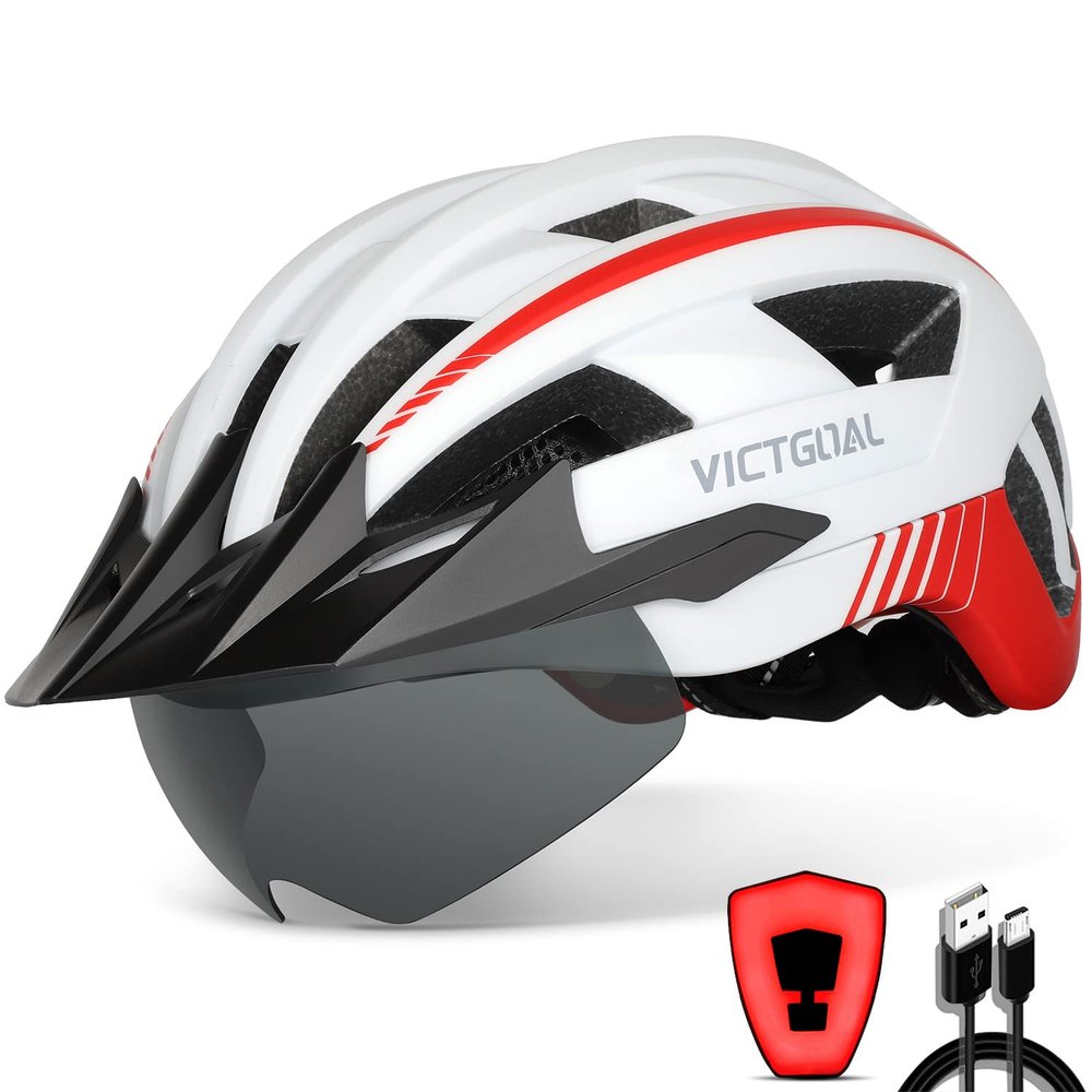 VICTGOAL Bike Helmet with USB Rechargeable Rear Light Detachable Magnetic Goggles Removable Sun Visor Mountain & Road Bicycle Helmets for Men Women Adult Cycling Helmets (L: 57-61 cm, White)