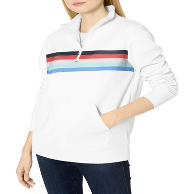 Amazon Essentials Women's Long-Sleeve Fleece Quarter-Zip Top (Available in Plus Size), Red White Placed Stripe, Small