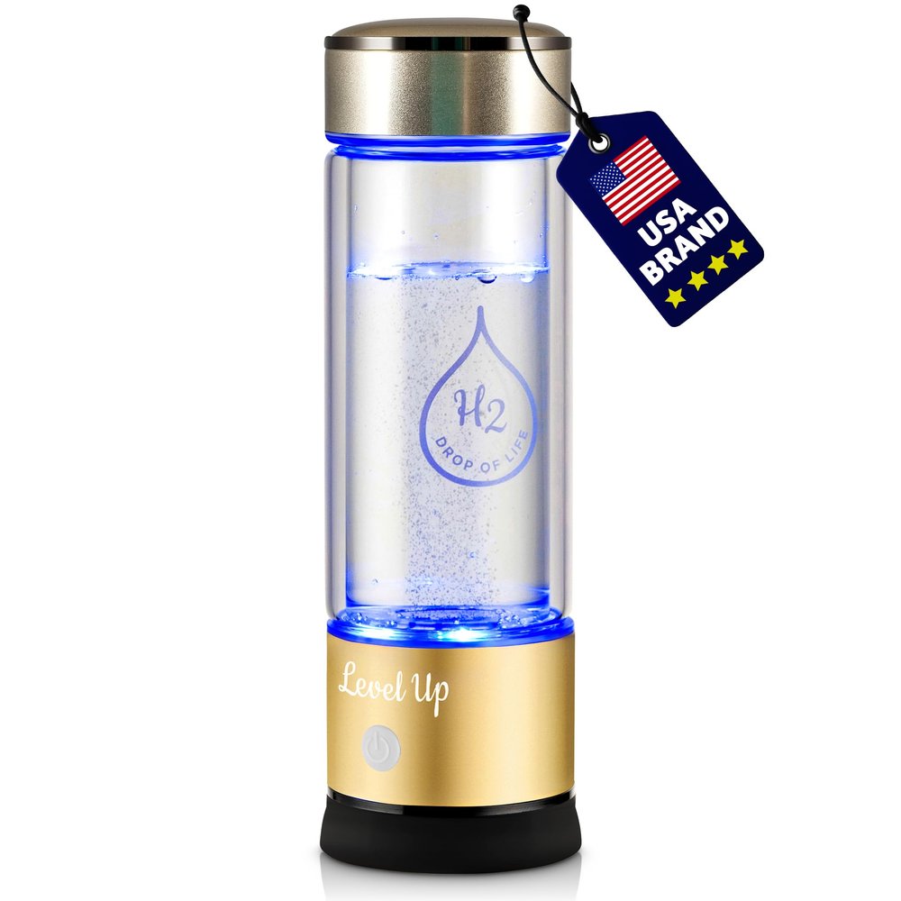 LevelUpWay 2025 Hydrogen Water Bottle Generator  New Technology Glass with SPE PEM Ionic Membrane  High Borosilicate Glass  13 Ounce (Gold)  Premium Hydration Solution