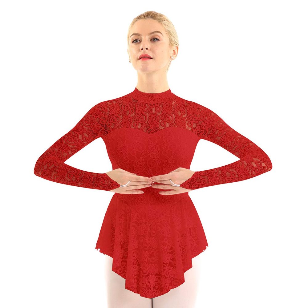 inlzdz Women's Figure Skating Dress Long Sleeve Fingerpoint Competition Dance Leotard Dresses Red Large