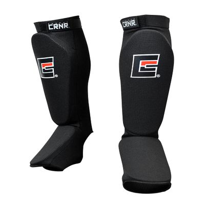 Combat Corner Slip On Elastic Muay Thai Shin Guards  Kickboxing, MMA Sparring and Training Protective Instep Shin Pads (Black)