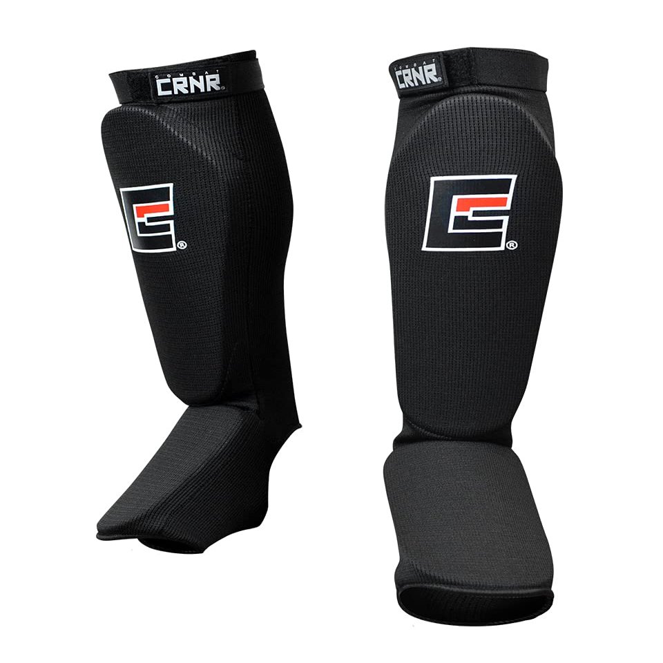 Combat Corner Slip On Elastic Muay Thai Shin Guards  Kickboxing, MMA Sparring and Training Protective Instep Shin Pads (Black)