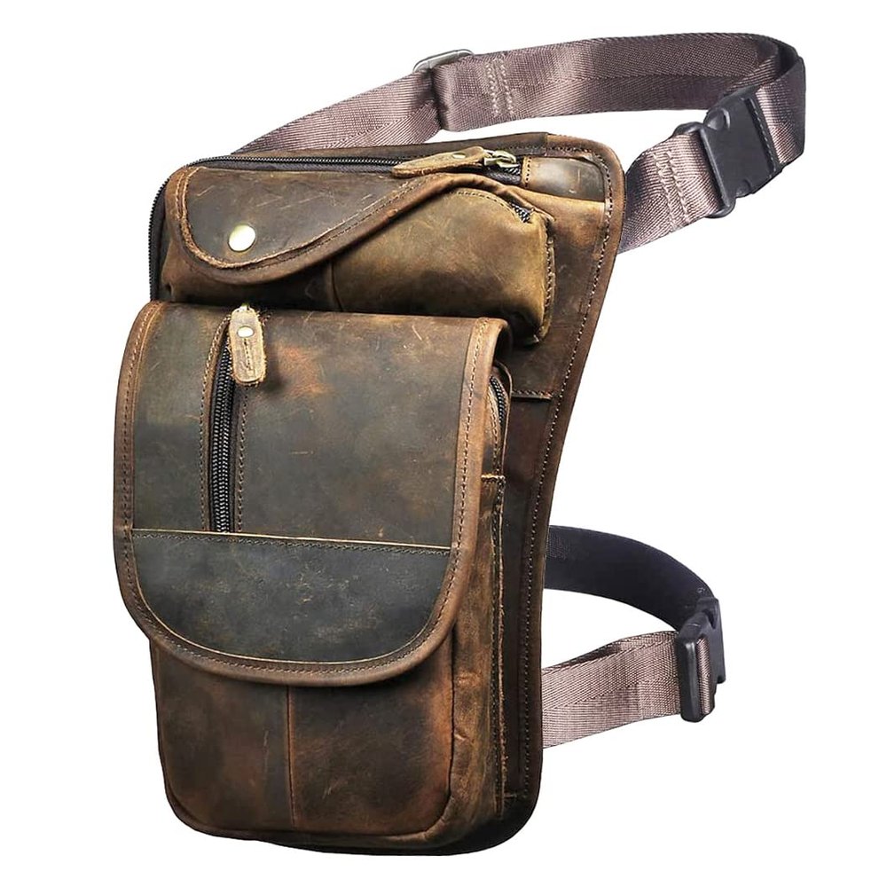 Le'aokuu Mens Genuine Leather Bike Cycling Waist Hip Bum Pack Drop Leg Bag(X3112 Dark Brown)