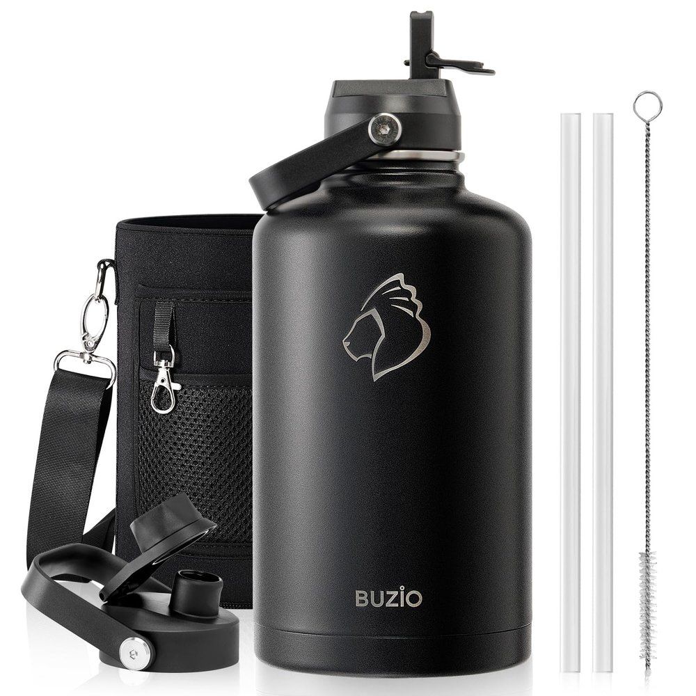 BUZIO Vacuum Insulated Stainless Steel Water Bottle 87oz (Cold for 48 Hrs/Hot for 24 Hrs) Half Gallon BPA Free Double Wall Travel Mug/Flask for Outdoor Sports Hiking, Camping, Running, Black