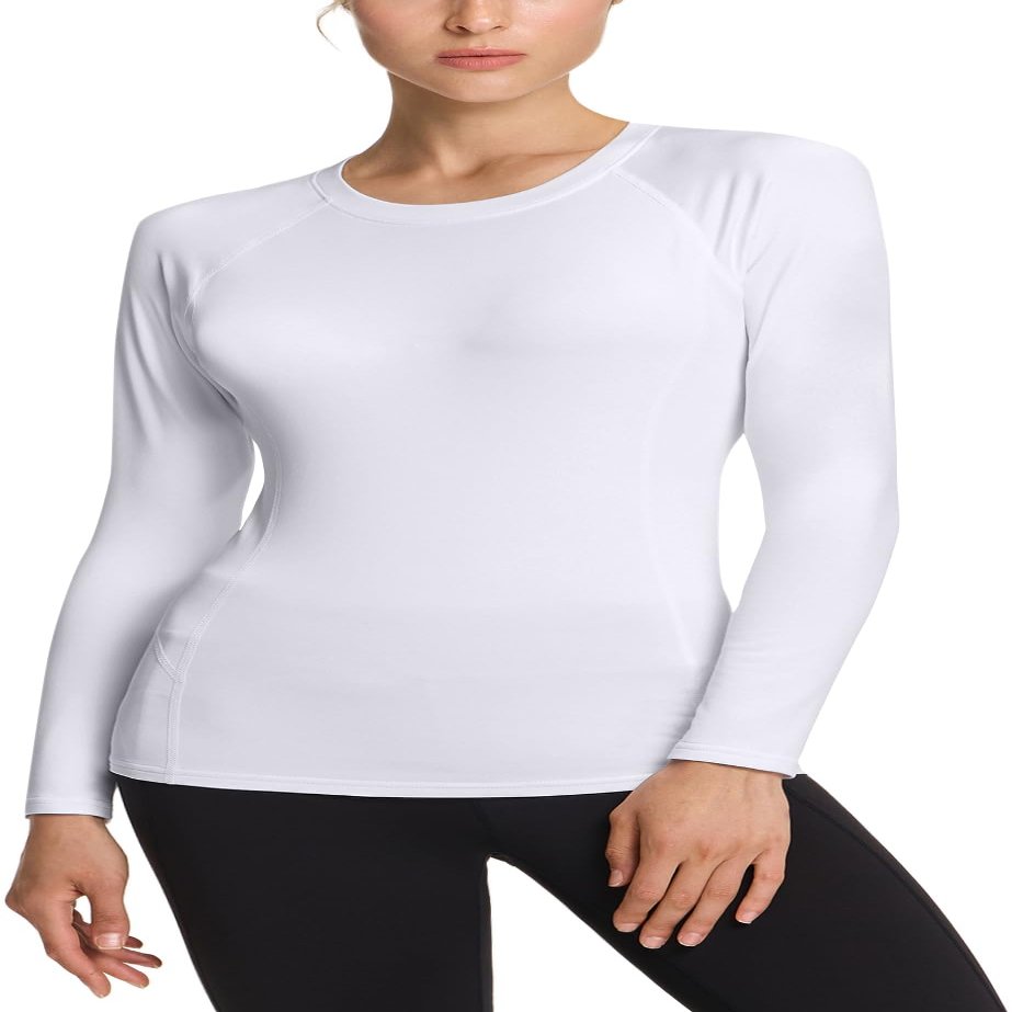 TSLA Women's Thermal Long Sleeve Tops, Mock Turtle & Crew Neck Shirts, Fleece Lined Compression Base Layer, Round Neck Heatlock White, Small
