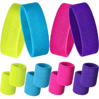 12 Pcs Sweatbands Set Neon Colors Headbands and Wristbands for Men Women Moisture Wicking Sweat Absorbing Workout Cotton Headbands 80s 90s Party(Rose Red, Fluorescent Yellow, Sky Blue, Purple)