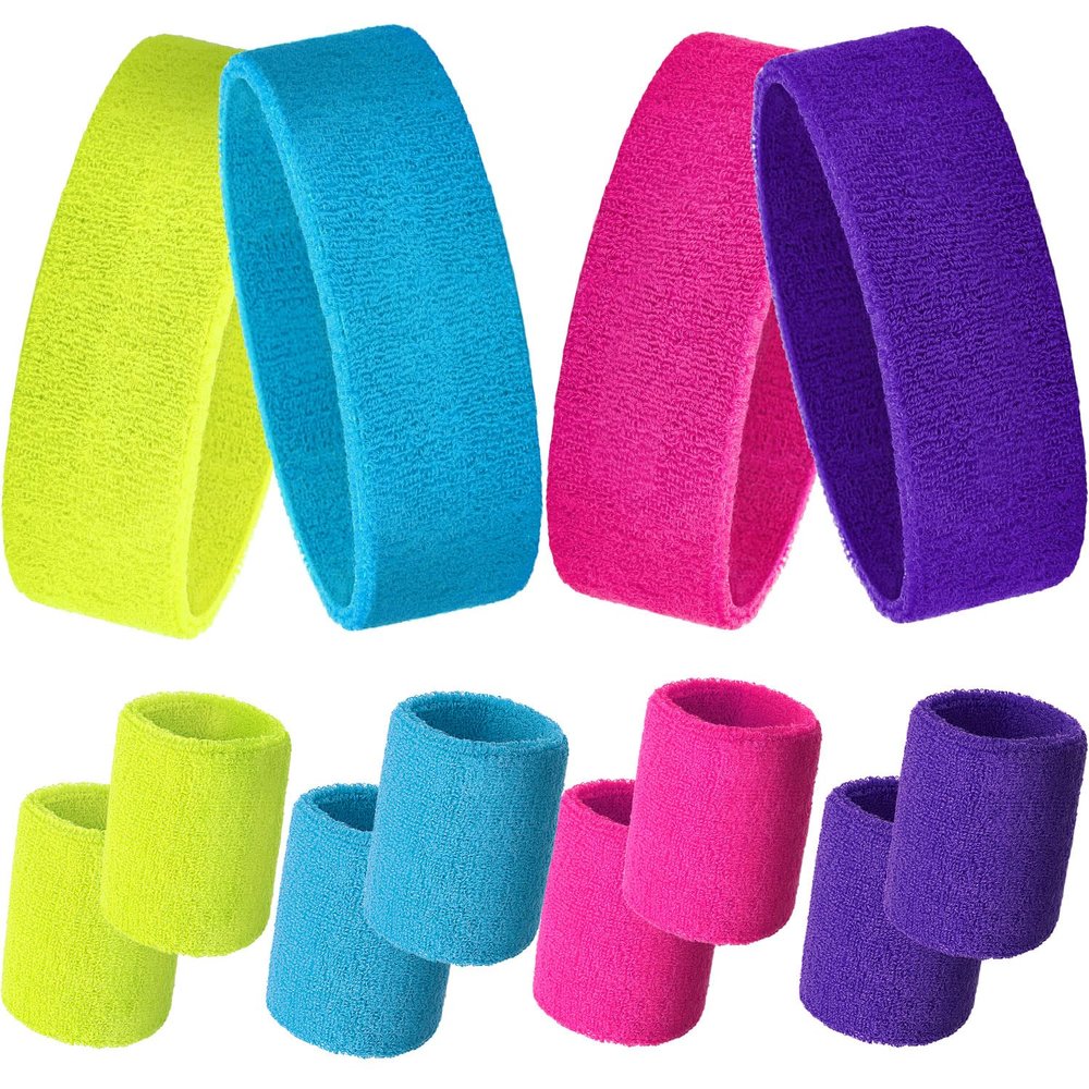 12 Pcs Sweatbands Set Neon Colors Headbands and Wristbands for Men Women Moisture Wicking Sweat Absorbing Workout Cotton Headbands 80s 90s Party(Rose Red, Fluorescent Yellow, Sky Blue, Purple)