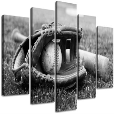 Baseball Decor Sports Wall Art Black and White Man Cave Sport Decoration Themed Posters for Mens Bedroom Boys Room Vintage Lawn Ball Glove Pictures Canvas Prints Home Artwork Framed 40" W x 22" H