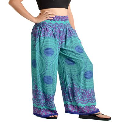 Orient Trail Open Ankle Wide Leg Harem Pants with Pocket - Yoga Flowy Pants for Women Flared Bottom Large Mandala Teal