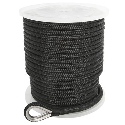NovelBee 3/8 Inch X 200 Feet Double Braid Nylon Anchor Line with Stainless Steel Thimble and Plastic Chuck (Black)