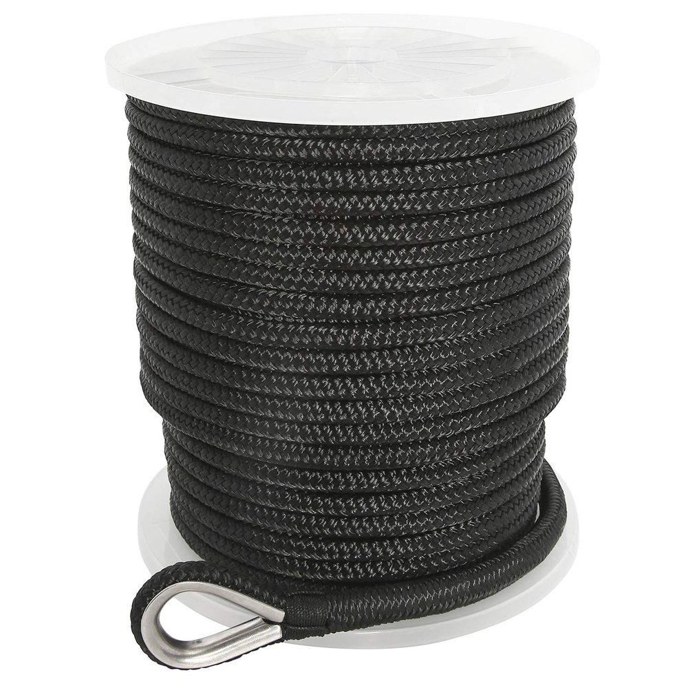 NovelBee 3/8 Inch X 200 Feet Double Braid Nylon Anchor Line with Stainless Steel Thimble and Plastic Chuck (Black)