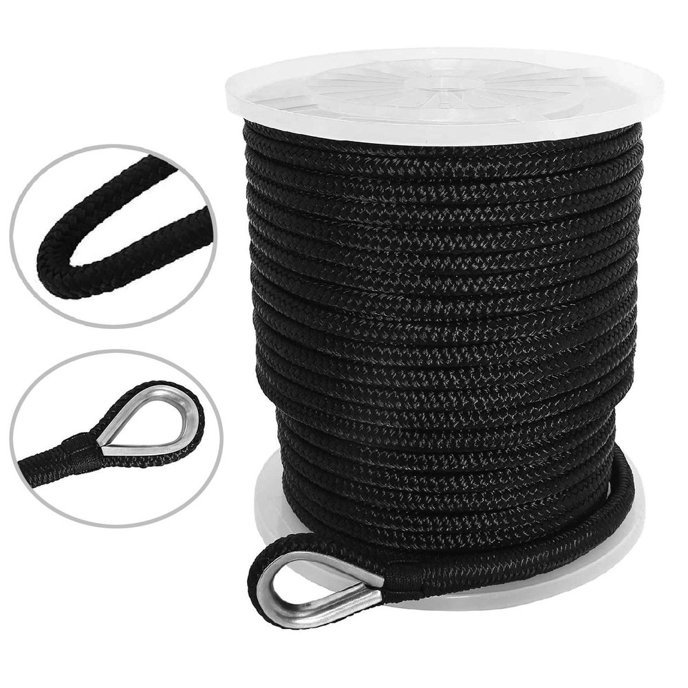 NovelBee 5/8 Inch X 300 Feet Double Braid Nylon Anchor Line with Stainless Steel Thimble and Plastic Chuck (Black)