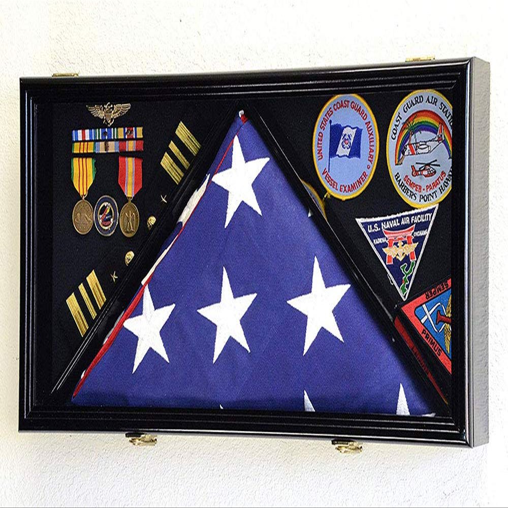 Large Flag & Medals Military Pins Patches Insignia Holds up to 5x9 Flag Display Case Frame Cabinet Shadowbox