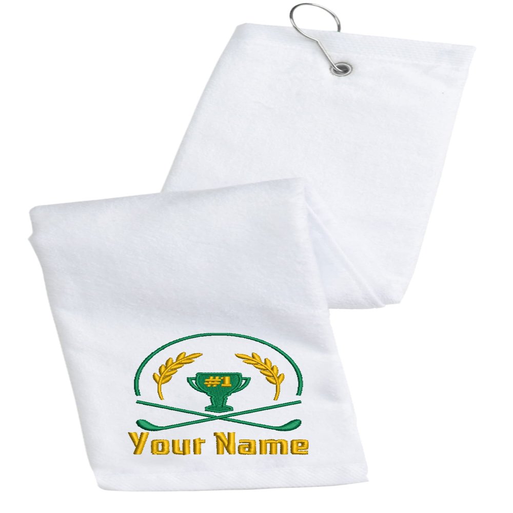 Printualist Personalized Golf Towel - Custom Embroidered Design & Name - Trophy Design - 16" x 26", White, Absorbent Cotton Terry Velour Fabric