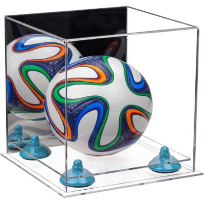 Better Display Cases Acrylic Mini - Miniature (not Full Size) Soccer Ball Display Case with Mirror Case, Light Blue Risers and Clear Base (B03/A015)