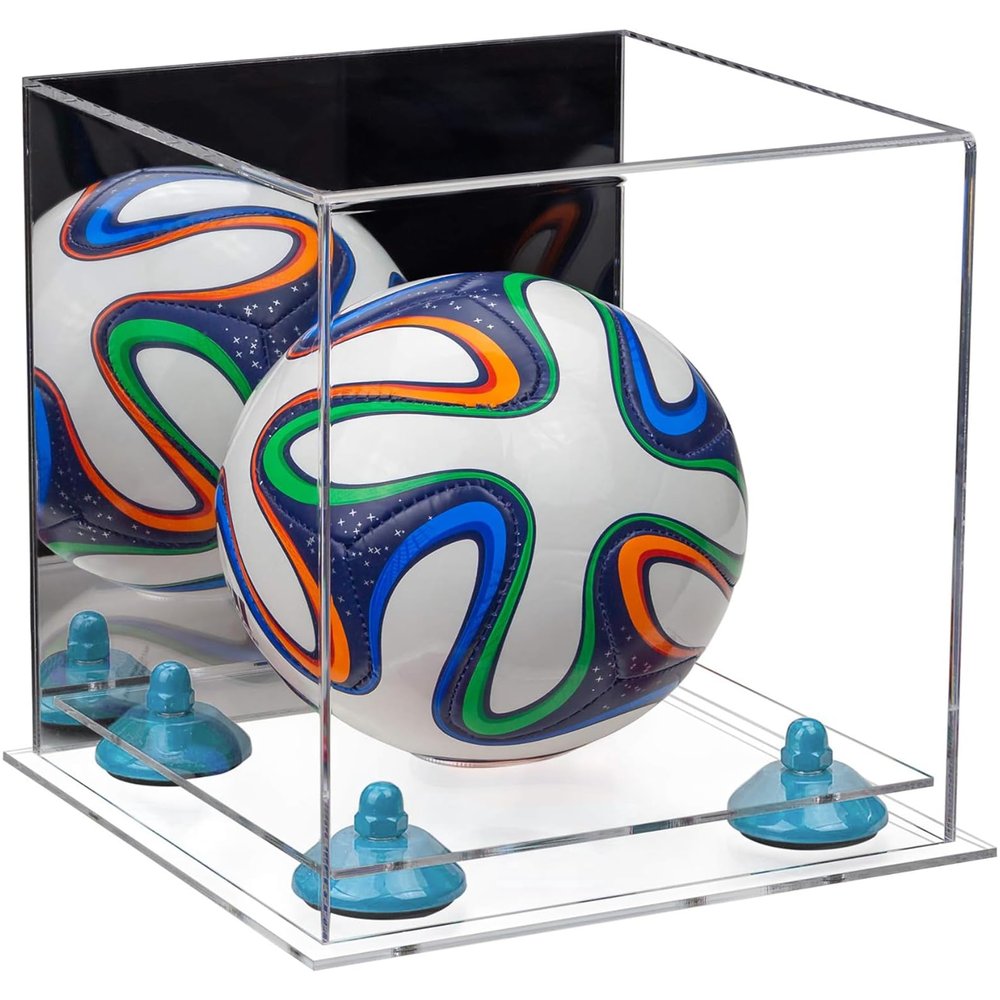 Better Display Cases Acrylic Mini - Miniature (not Full Size) Soccer Ball Display Case with Mirror Case, Light Blue Risers and Clear Base (B03/A015)