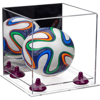 Better Display Cases Acrylic Mini - Miniature (not Full Size) Soccer Ball Display Case with Mirror Case, Purple Risers and Clear Base (B03/A015)
