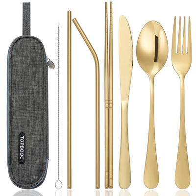 Portable Stainless Steel Flatware Set, Travel Camping Cutlery Set, Portable Utensil Travel Silverware Dinnerware Set with a Waterproof Case (Gold)