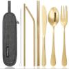 Portable Stainless Steel Flatware Set, Travel Camping Cutlery Set, Portable Utensil Travel Silverware Dinnerware Set with a Waterproof Case (Gold) view 1
