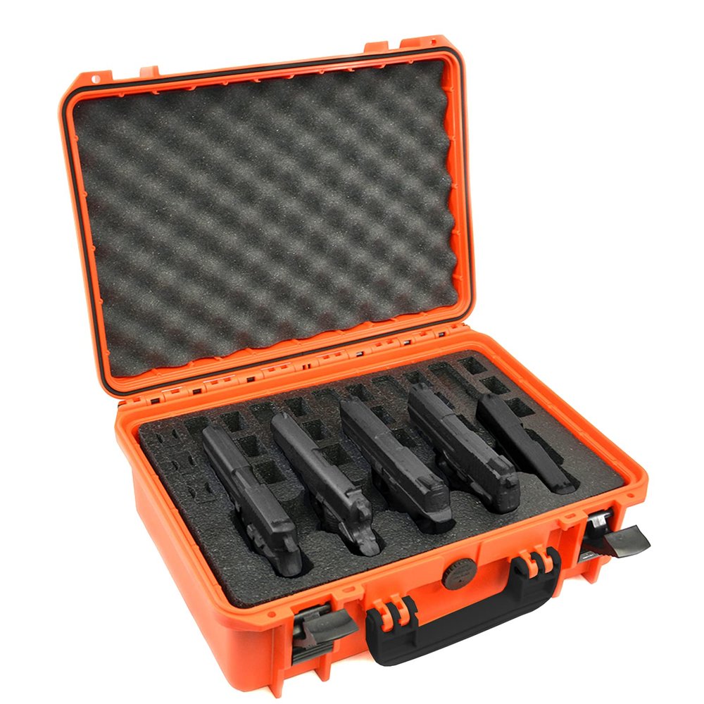 5 Pistol 18 Magazine DORO Gun Case - Orange Case with Black Custom Foam Insert - Waterproof, Heavy Duty - Tactical Firearms and Ammunition Holder, 18 x 14 x 7-Inches