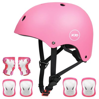 XJD Kids Bike Helmet,Multi-Sport Protective Gear Set for 3-5-8-14 Years Boys Girls with Knee and Elbow Pads Wrist Guards fit Roller Skates,Cycling,Skateboarding,Skating Scooter (Pink, Medium)