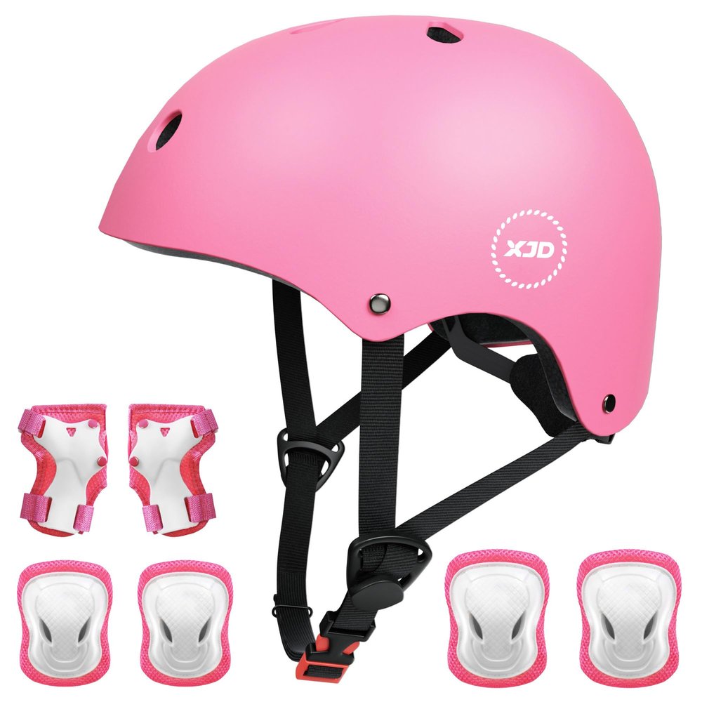 XJD Kids Bike Helmet,Multi-Sport Protective Gear Set for 3-5-8-14 Years Boys Girls with Knee and Elbow Pads Wrist Guards fit Roller Skates,Cycling,Skateboarding,Skating Scooter (Pink, Medium)