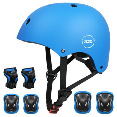 XJD Kids Bike Helmet,Multi-Sport Protective Gear Set for 3-5-8-14 Years Boys Girls with Knee and Elbow Pads Wrist Guards fit Roller Skates,Cycling,Skateboarding,Skating Scooter (Blue, Medium)