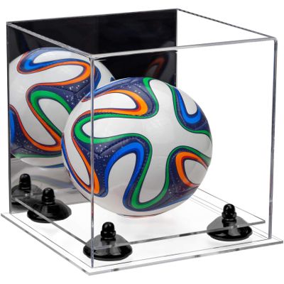 Better Display Cases Acrylic Mini - Miniature (not Full Size) Soccer Ball Display Case with Mirror Case, Black Risers and Clear Base (B03/A015)
