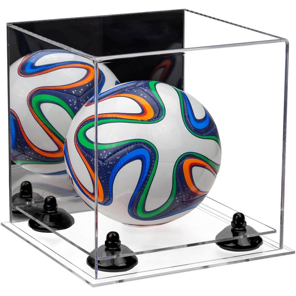 Better Display Cases Acrylic Mini - Miniature (not Full Size) Soccer Ball Display Case with Mirror Case, Black Risers and Clear Base (B03/A015)