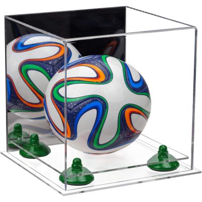 Better Display Cases Acrylic Mini - Miniature (not Full Size) Soccer Ball Display Case with Mirror Case, Green Risers and Clear Base (B03/A015)