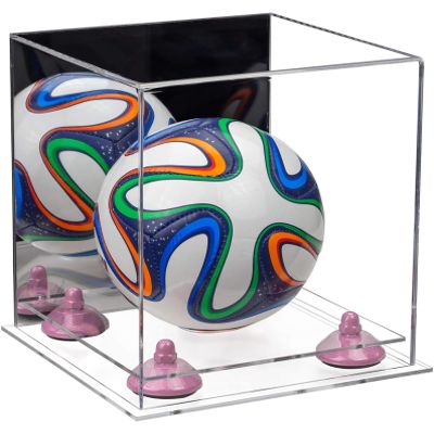 Better Display Cases Acrylic Mini - Miniature (not Full Size) Soccer Ball Display Case with Mirror Case, Pink Risers and Clear Base (B03/A015)