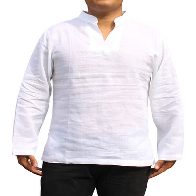 RaanPahMuang Japanese Thin Ramy Linen Long Sleeve Shirt Chinese Slit Collar, Small, White