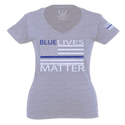 0181. Blue Lives Matter American Flag Thin Blue Line USA Police Support Patriotic Style for Women V Neck Fitted T Shirt (Light Gray Medium)