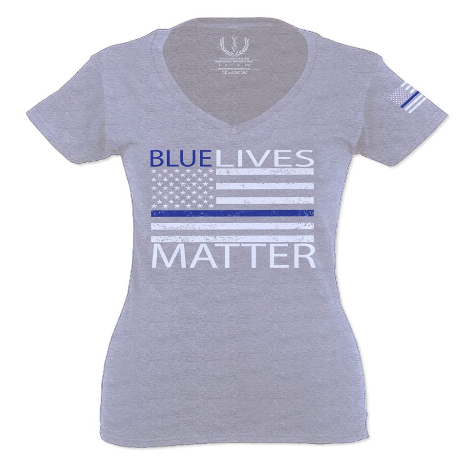 0181. Blue Lives Matter American Flag Thin Blue Line USA Police Support Patriotic Style for Women V Neck Fitted T Shirt (Light Gray Medium)