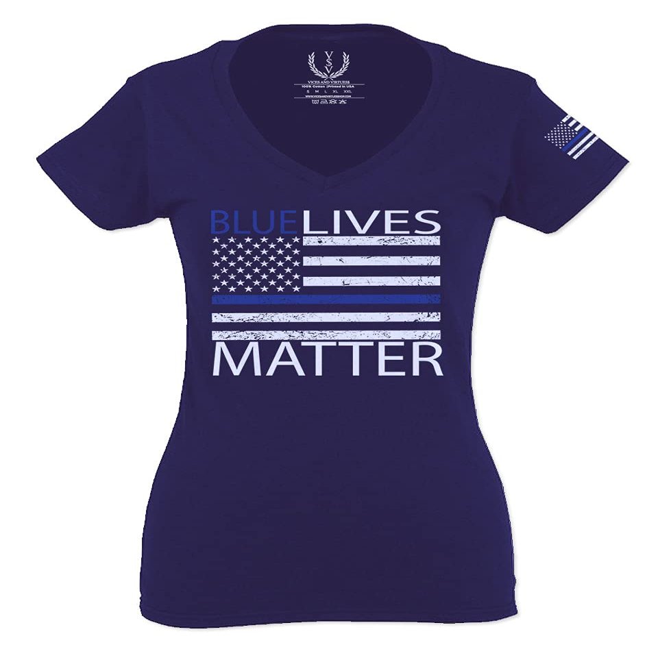 0181. Blue Lives Matter American Flag Thin Blue Line USA Police Support Patriotic Style for Women V Neck Fitted T Shirt (Navy Blue, Small)