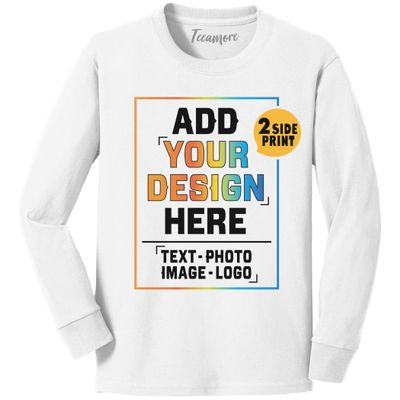 TEEAMORE Custom Youth Long Sleeve Shirt Add Your Own Image Photo Design Personalized Text White