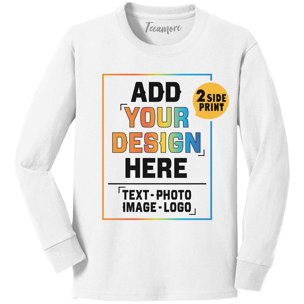 TEEAMORE Custom Youth Long Sleeve Shirt Add Your Own Image Photo Design Personalized Text White