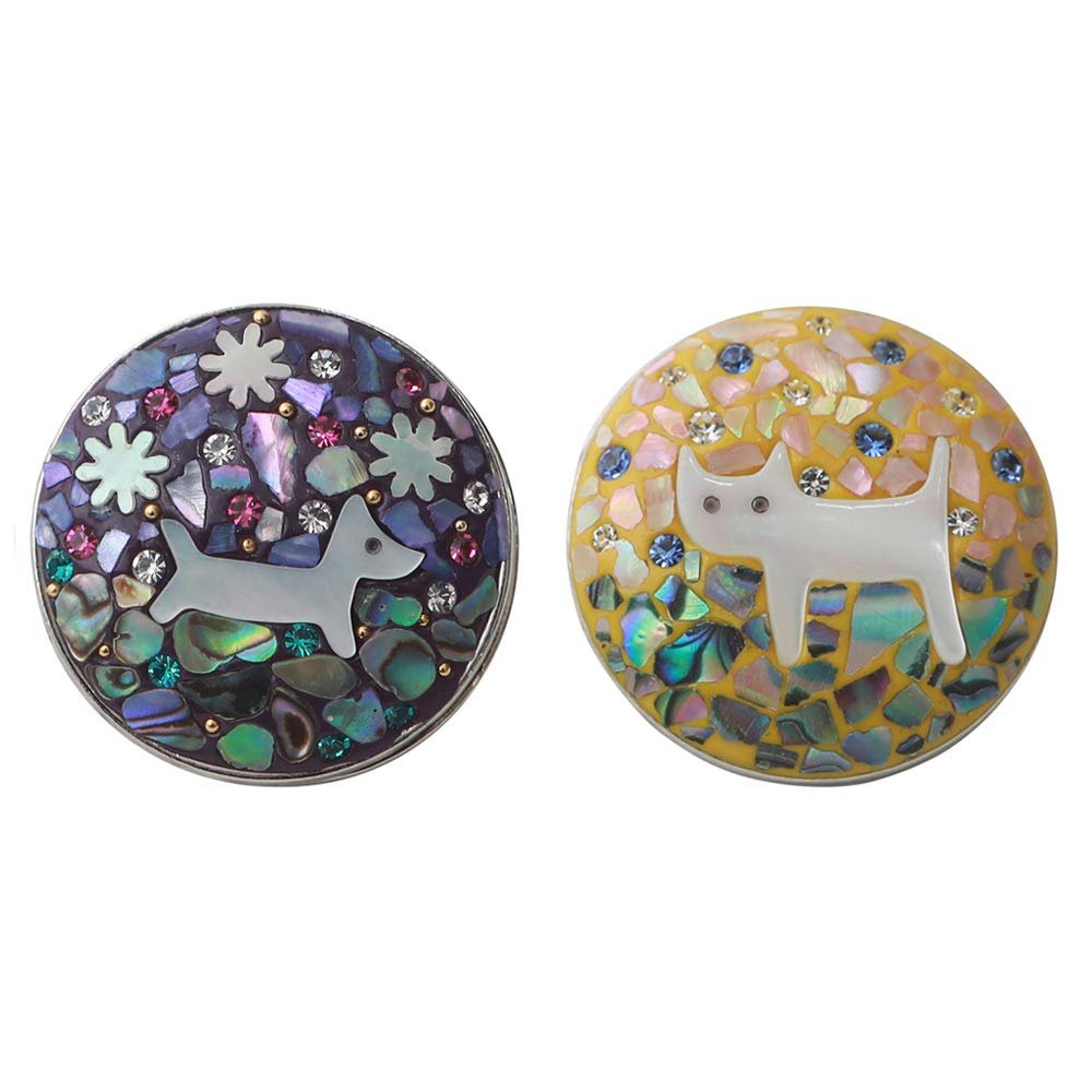 Antique Alive Mother of Pearl Dog Cat Fish Flower Design Circle Coin Metal Magnetic Pro Hat Cap Clip Golf Ball Marker Gift Set (Dog Cat)