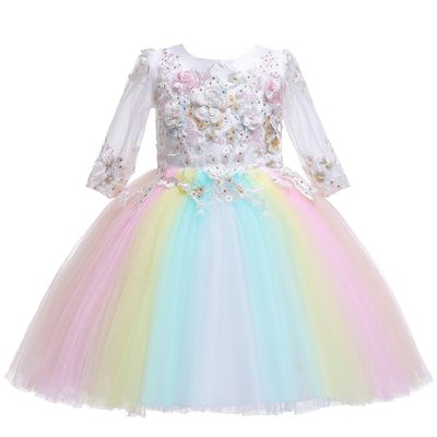 Weileenice Ivory Flower Girl Dress Pastel Tulle Lace Sleeve 3D Embroidery 9 10 Young Girls Wedding Party Bridesmaid Pageant Prom Formal Ball Gown Kids Holiday Rainbow Dresses Evening Gala