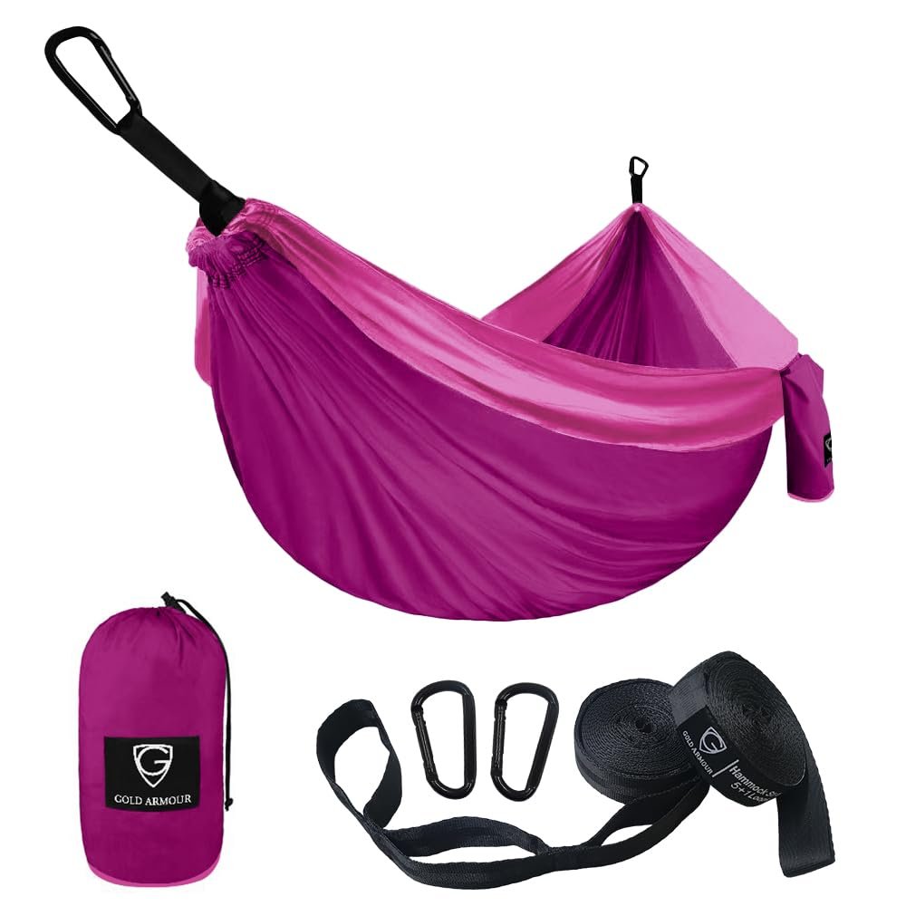 Gold Armour Camping Hammock - Portable Hammock Single Hammock Camping Accessories Gear for Outdoor Indoor Adult Kids, USA Based Brand (Fuchsia & Pink)