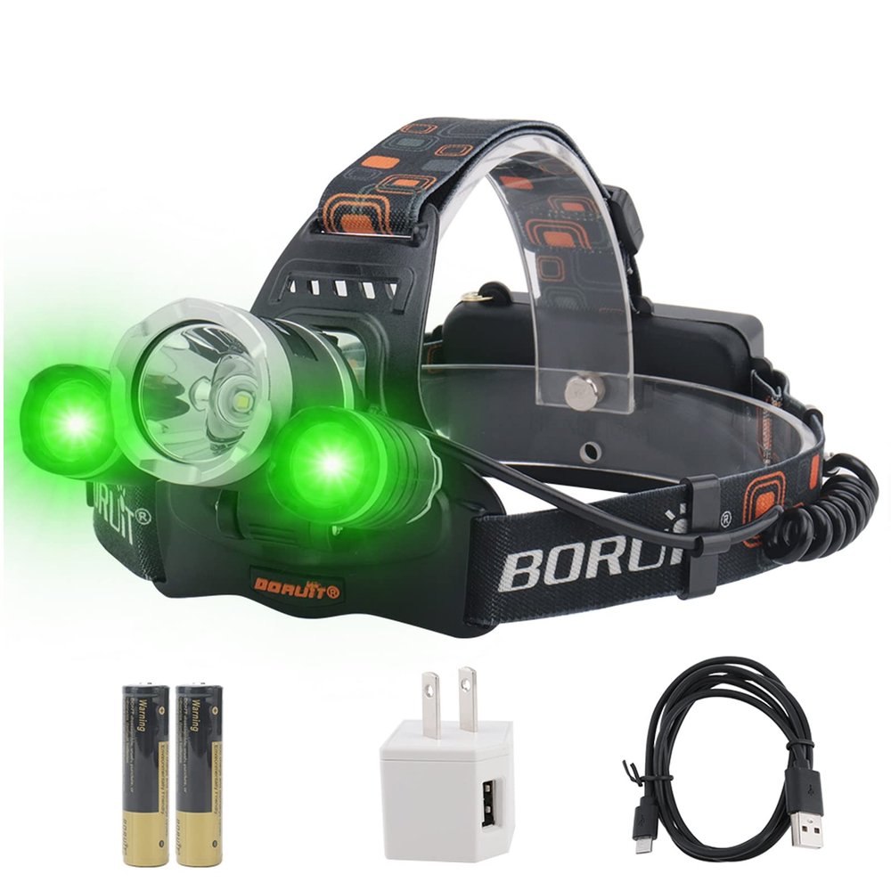 BORUIT RJ-3000 LED Green Headlamp,3 Modes White and Green LED Hunting Headlight,Super Bright USB Rechargeable Tactical Head lamp for Fishing Running Camping Hiking