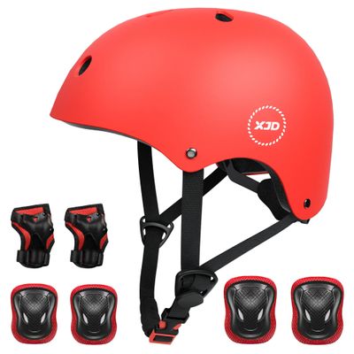 XJD Kids Bike Helmet,Multi-Sport Protective Gear Set for 3-5-8-14 Years Boys Girls with Knee and Elbow Pads Wrist Guards fit Roller Skates,Cycling,Skateboarding,Skating Scooter (Red, Medium)