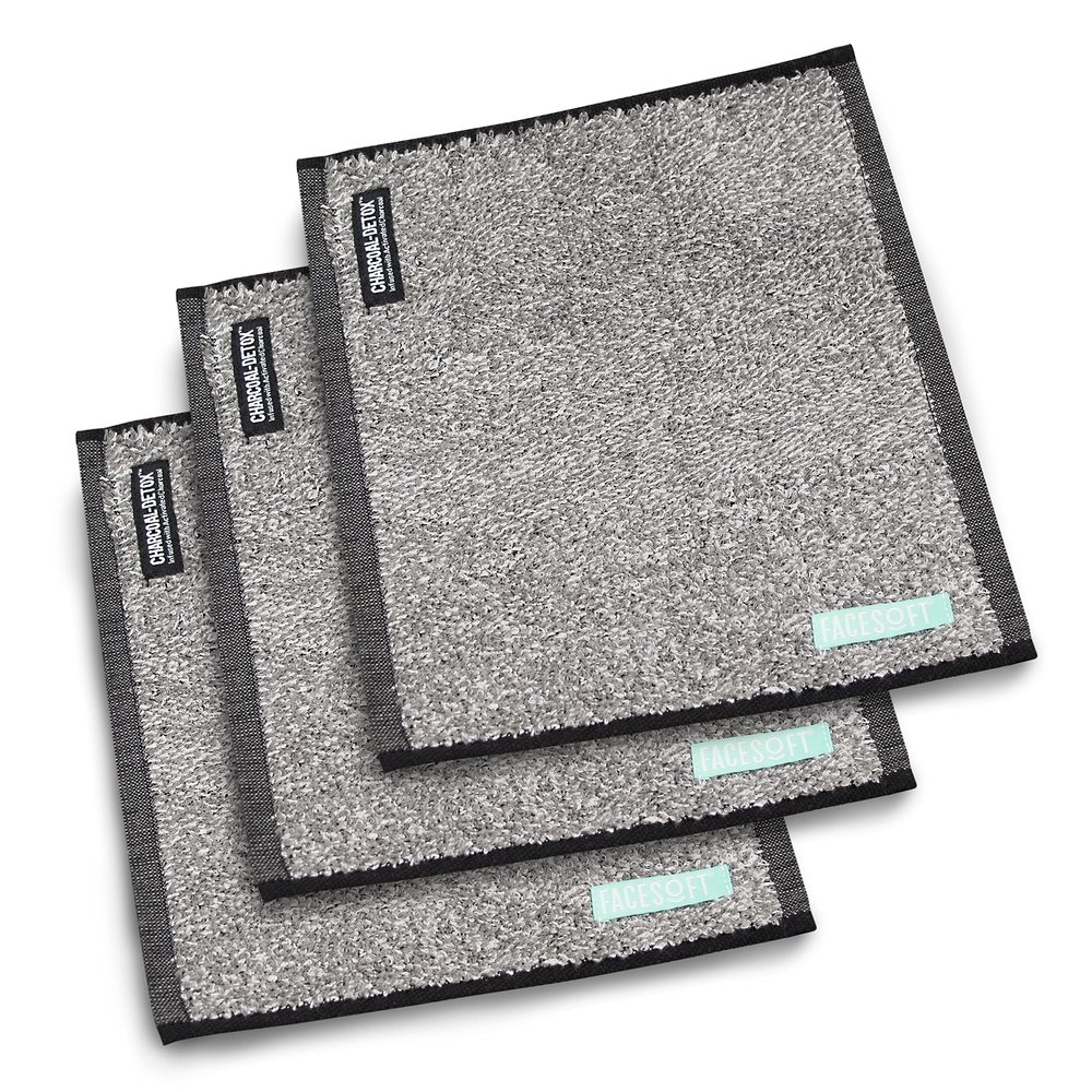 FACESOFT Mini Towels Charcoal Detox Multipack - Pulls Oils and Toxins from Skin - Infused with Activated Charcoal - Soft and Absorbent Cotton Exercise Towel - Workout Towel for Sweat - Active - 3 Pc