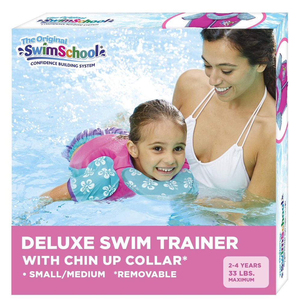 SwimSchool Swim Trainer - Small/Medium - Swim Vest with Shoulder Sleeves, Adjustable Safety Strap, and Removable Chin-Up Collar -Pink/Aqua