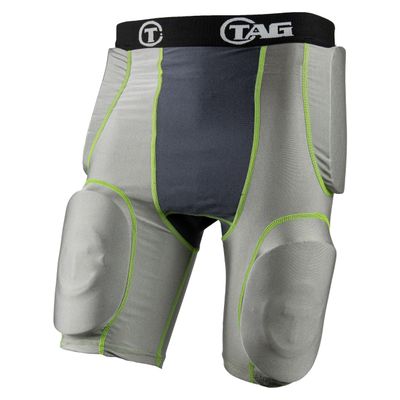 TAG Youth 5-Pad Integrated Girdle - Moisture-Wicking Compression Girdle for Football - Cup Pocket - Sewn-in Hip, Tail, and Thigh Pads - Grey with Black Elastic Waistband - 2X-Large
