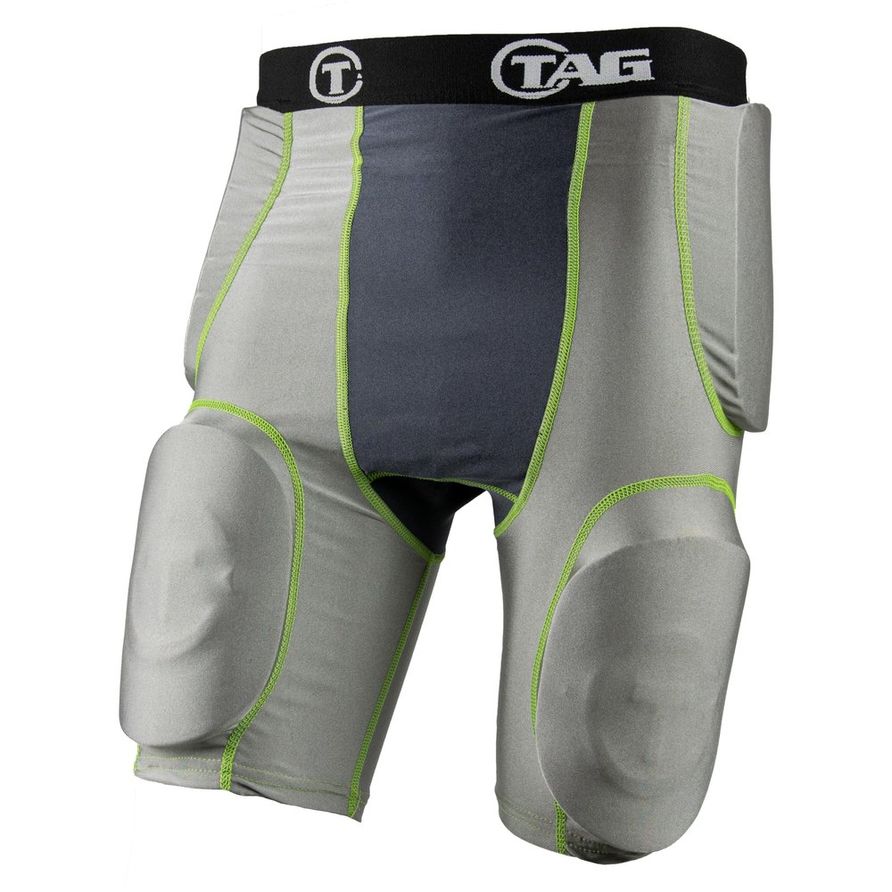 TAG Youth 5-Pad Integrated Girdle - Moisture-Wicking Compression Girdle for Football - Cup Pocket - Sewn-in Hip, Tail, and Thigh Pads - Grey with Black Elastic Waistband - 2X-Large
